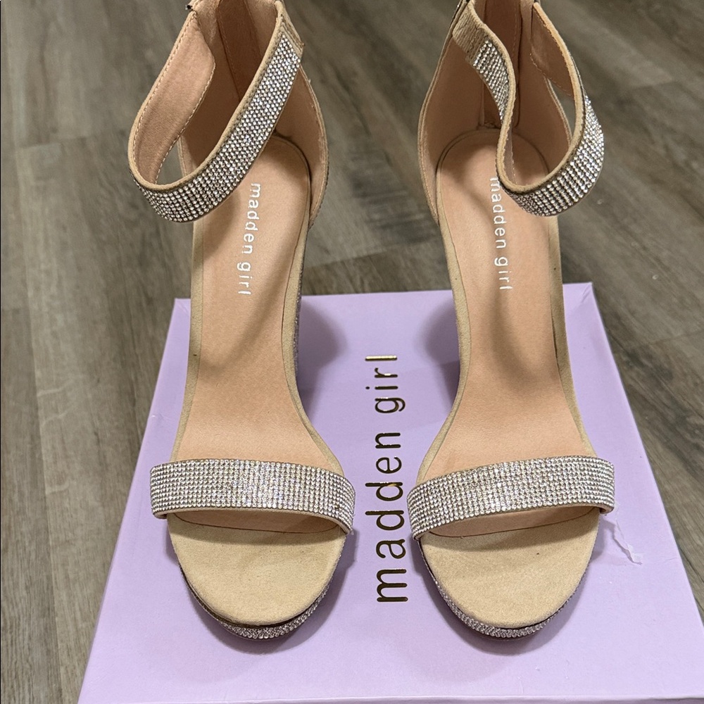 Madden Girl Beige Rhinestone Ankle-Strap Heels